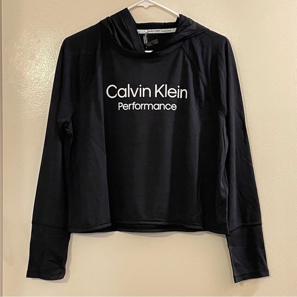 CALVIN KLEIN PERFORMANCE‎ Logo Cropped Top Hooded Sweater in Black - Picture 1 of 4